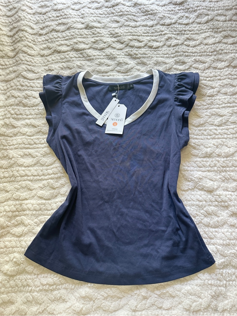 Women's Navy Ruffle Sleeve V-Neck Top with White Trim